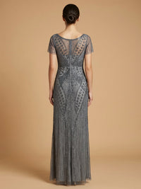 Mid-grey Lara New York Beaded Flutter Sleeve Gown with elegant draping and intricate bead details, perfect for formal occasions.