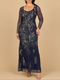 Navy long sleeve Queen Anne beaded gown by Lara New York, elegant formal dress with intricate beadwork and flowing fabric.