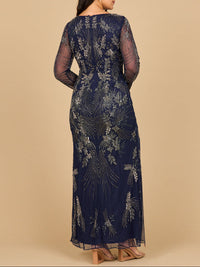 Navy long sleeve Queen Anne beaded gown by Lara New York, elegant formal dress with intricate beadwork and flowing fabric.