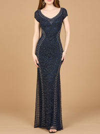 Navy beaded mermaid cap sleeve gown by Lara New York featuring intricate beading and a fitted silhouette.