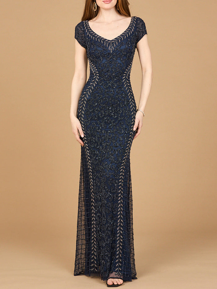 Navy beaded mermaid cap sleeve gown by Lara New York featuring intricate beading and a fitted silhouette.
