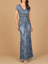 Navy Lara New York cap sleeve mermaid beaded gown with intricate beading and fitted silhouette, elegant evening dress.