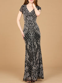 Navy cap sleeve mermaid beaded gown by Lara New York, featuring intricate beadwork and elegant fit.