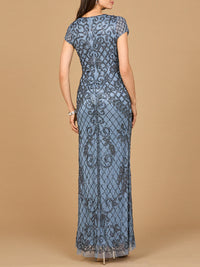 Navy cap sleeve mermaid beaded gown by Lara New York, elegant dress with intricate beadwork and fitted silhouette.