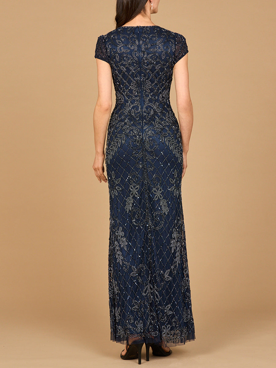 Navy cap sleeve mermaid beaded gown by Lara New York, elegant dress with intricate beadwork and fitted silhouette