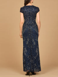 Navy cap sleeve mermaid beaded gown by Lara New York, elegant dress with intricate beadwork and fitted silhouette