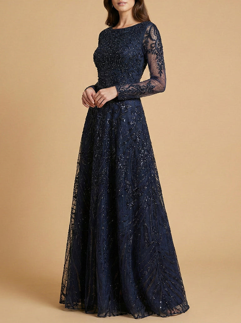 Navy long sleeve high neck gown by Lara New York, elegant dress with fitted silhouette and sophisticated style.