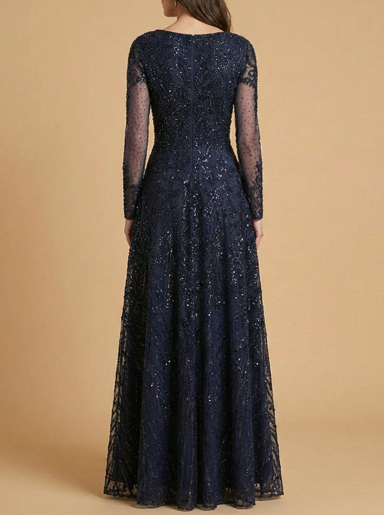 Navy long sleeve high neck gown by Lara New York, elegant dress with fitted silhouette and sophisticated design.