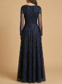 Navy long sleeve high neck gown by Lara New York, elegant dress with fitted silhouette and sophisticated design.