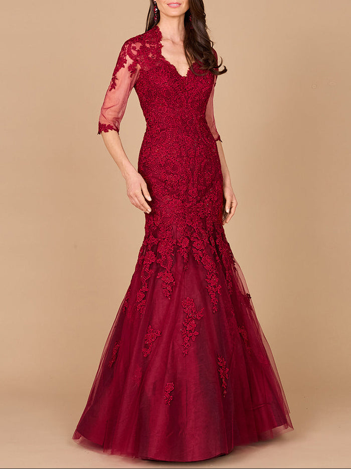 Navy long sleeve mermaid lace gown by Lara New York, elegant dress with intricate lace details and fitted silhouette.