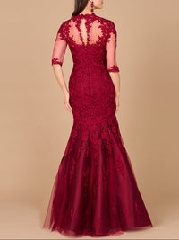 Navy long sleeve mermaid lace gown by Lara New York, featuring intricate lace details and a fitted silhouette.