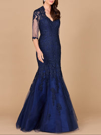 Navy long sleeve mermaid lace gown by Lara New York, elegant dress with intricate lace details and fitted silhouette.