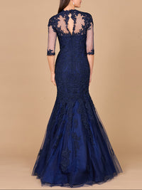 Navy long sleeve mermaid lace gown by Lara New York, featuring intricate lace details and a fitted silhouette.