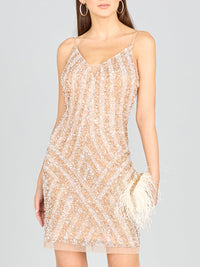 Lara New York nude spaghetti strap beaded cocktail dress with intricate embellishments and fitted silhouette.