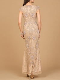 Lara New York Beaded Cap Sleeve Gown in nude, elegant formal dress with intricate beadwork and cap sleeves.