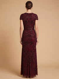 Lara New York beaded cap sleeve gown in nude with intricate beadwork, elegant floor-length dress for formal occasions.