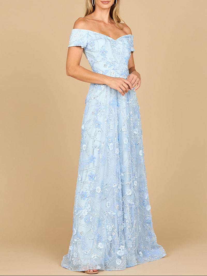 Periwinkle off-shoulder A-line floral gown by Lara New York, elegant dress with a flowing silhouette and vibrant floral pattern.