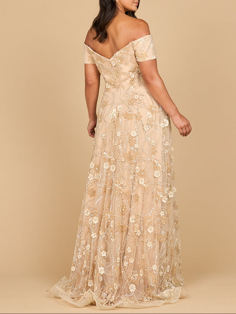 Periwinkle off-shoulder A-line floral gown by Lara New York, elegant dress with a flowy silhouette and floral pattern.