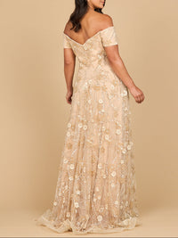 Periwinkle off-shoulder A-line floral gown by Lara New York, elegant dress with a flowy silhouette and floral pattern.