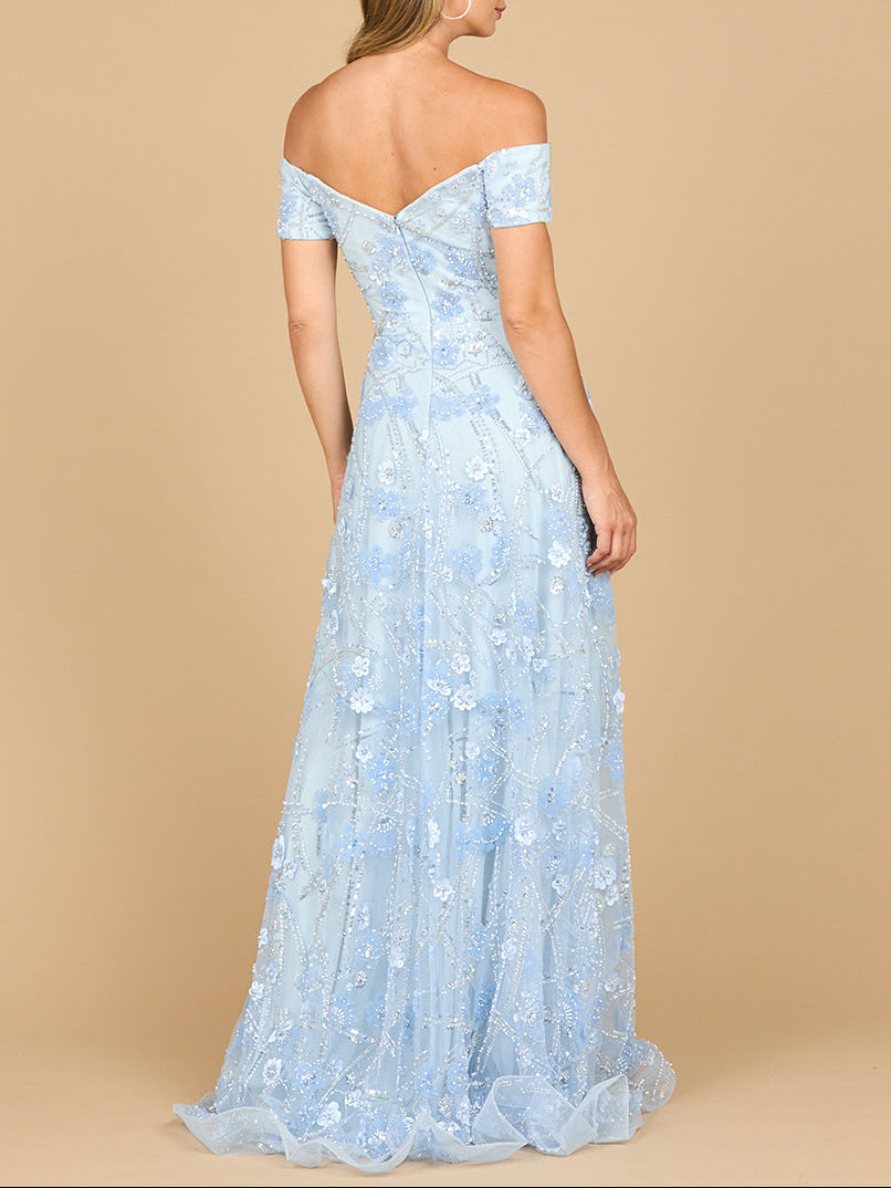 Lara New York off-shoulder A-line floral gown in periwinkle, elegant dress with a flowy silhouette and floral pattern.