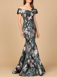Black multi-colored fitted mermaid brocade gown by Lara New York, showcasing intricate fabric and elegant silhouette.