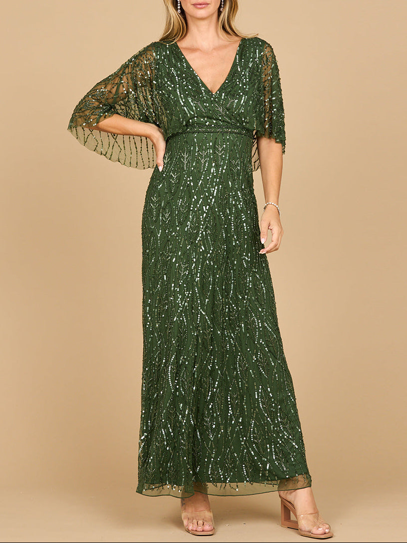 Emerald green beaded gown with a stylish half cape by Lara New York, elegant dress perfect for formal occasions.
