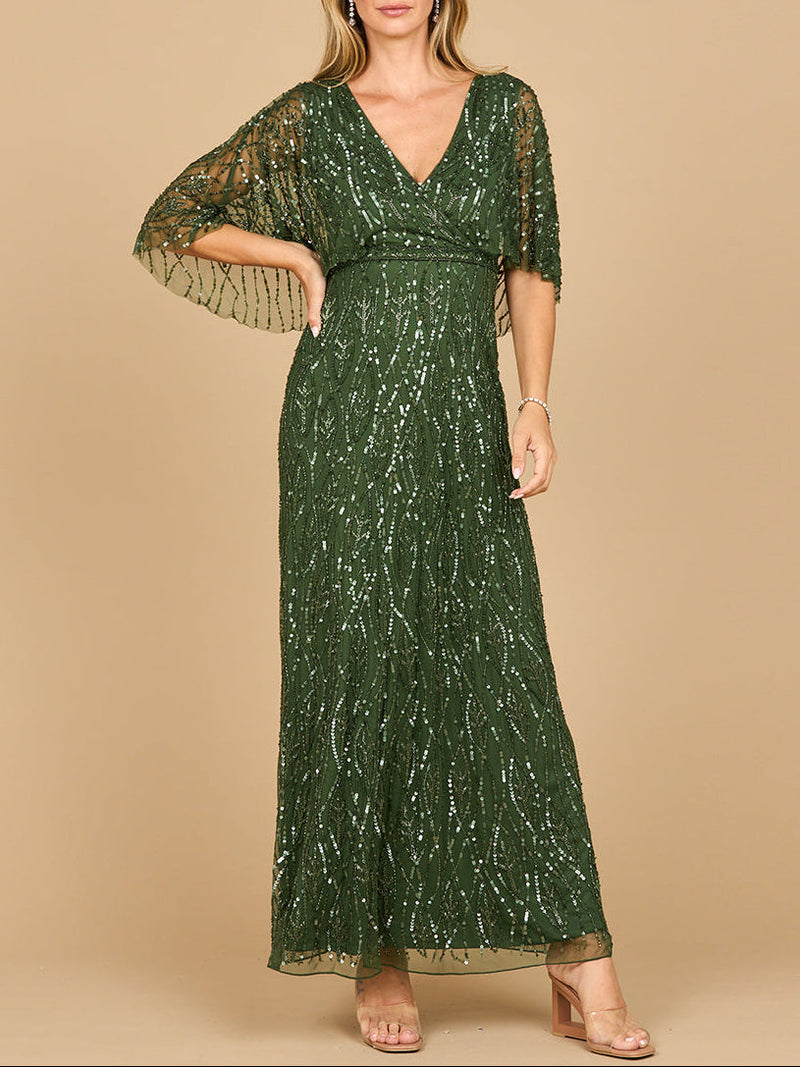 Emerald green beaded gown with a stylish half cape by Lara New York, elegant dress perfect for formal occasions.