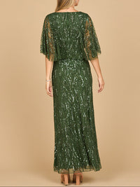 Emerald green beaded gown with half cape by Lara New York, elegant evening dress with intricate beading and flowing cape details.