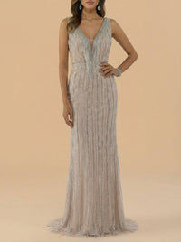 Beaded V-neck gown by Lara New York featuring intricate beadwork and elegant design, perfect for formal occasions.