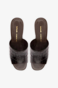 Larroude x Kenneth Cole dark oak croco leather mule with sleek design and pointed toe, showcasing textured crocodile pattern.