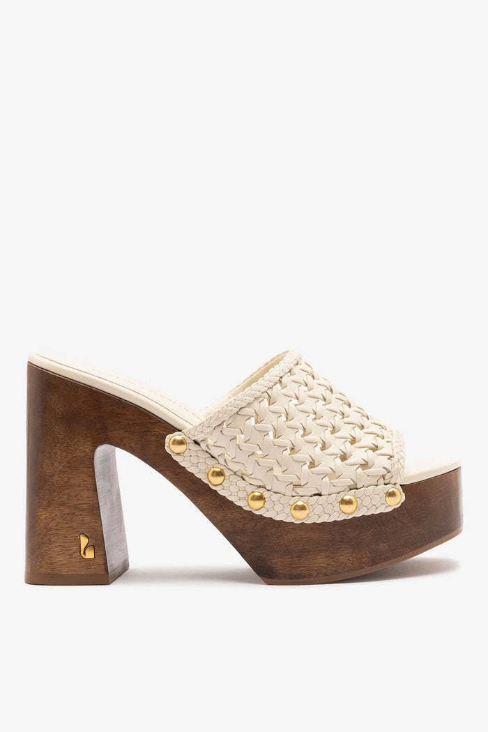 Ivory leather Larroudé x Kenneth Cole macrame mule shoe with woven design and pointed toe, stylish slip-on footwear.