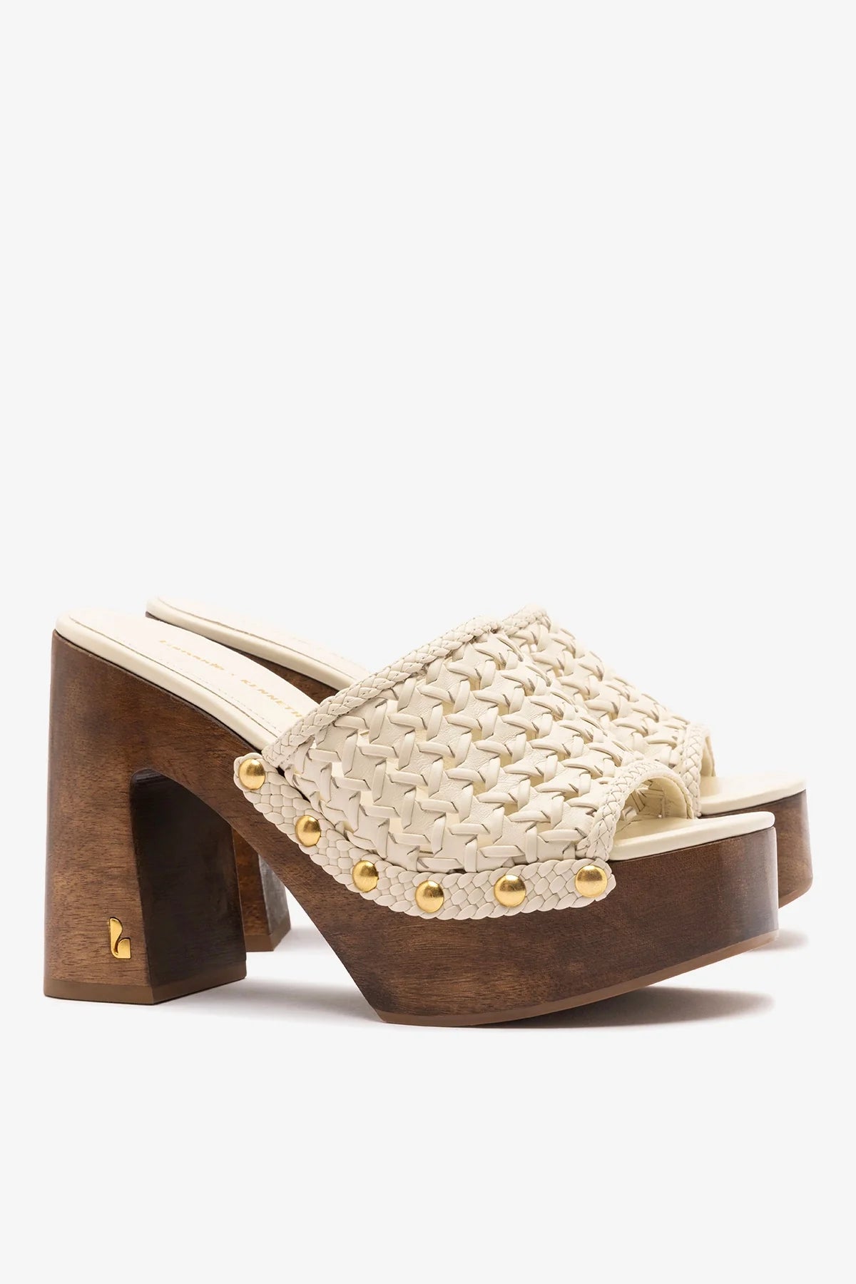Larroudé x Kenneth Cole ivory leather macrame mule shoe, featuring a stylish slip-on design and intricate macrame details.