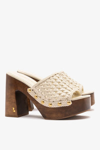 Larroudé x Kenneth Cole ivory leather macrame mule shoe, featuring a stylish slip-on design and intricate macrame details.