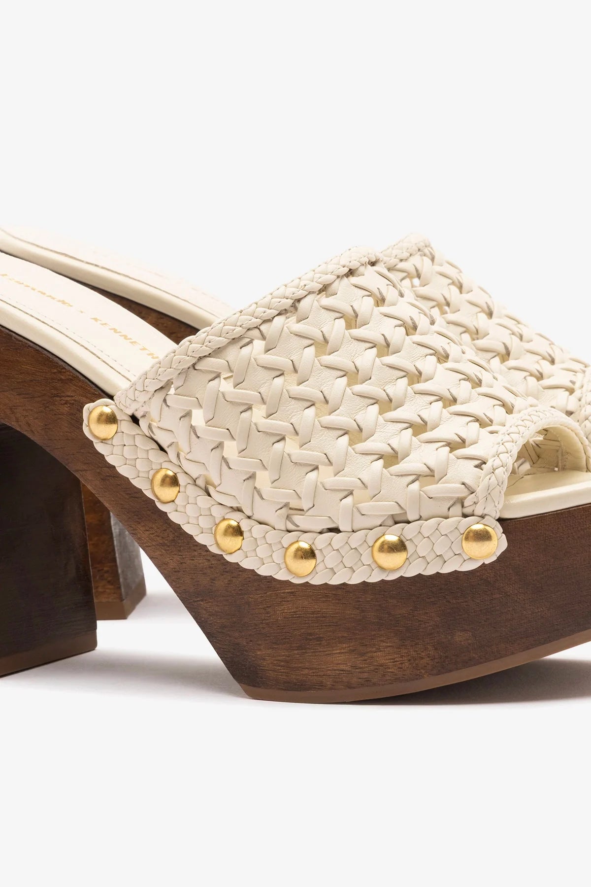 Larroudé x Kenneth Cole ivory leather macrame mule shoe, stylish slip-on mule with intricate macrame design and comfortable leather material.