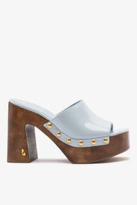 Larroude x Kenneth Cole Mule Maya in shiny patent leather, stylish slip-on footwear with a sleek design and pointed toe.