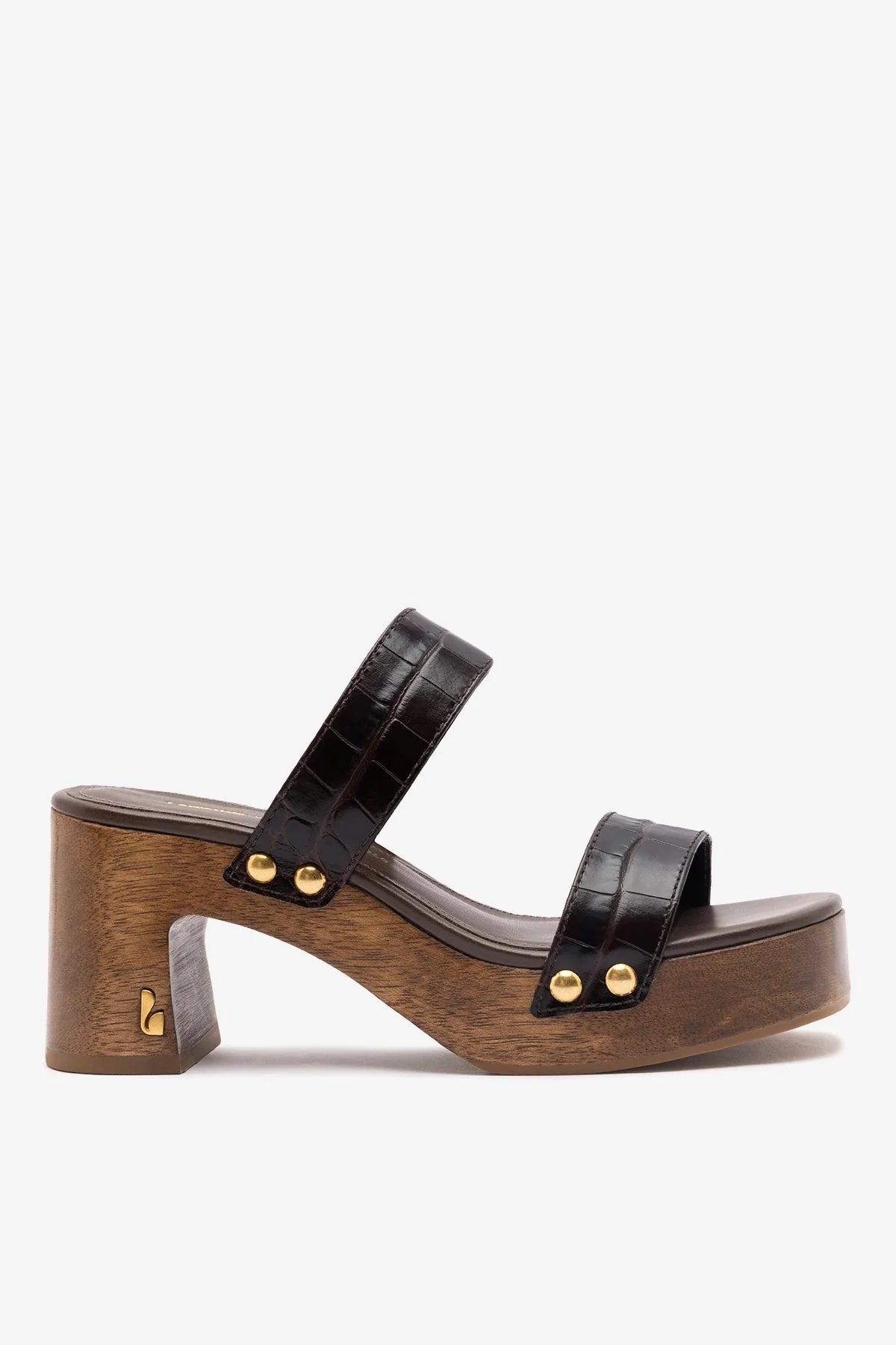 Larroude x Kenneth Cole dark oak croco leather sandal showing textured crocodile pattern and stylish slip-on design.