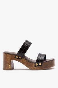 Larroude x Kenneth Cole dark oak croco leather sandal showing textured crocodile pattern and stylish slip-on design.