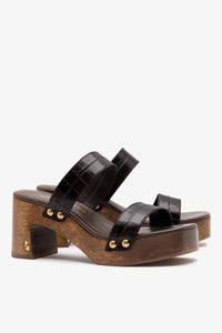 Larroudé x Kenneth Cole Dark Oak Croco Leather sandal with open toe and ankle strap, featuring textured crocodile pattern.