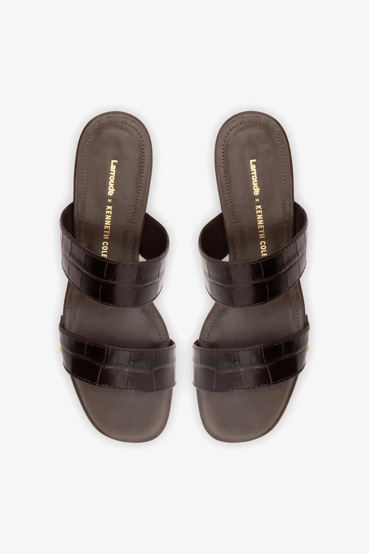 Larroudé x Kenneth Cole dark oak croco leather sandal with ankle strap and open toe, stylish and luxurious footwear.