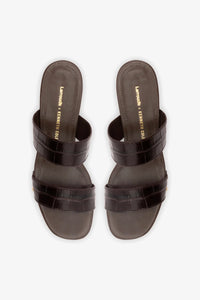 Larroudé x Kenneth Cole dark oak croco leather sandal with ankle strap and open toe, stylish and luxurious footwear.