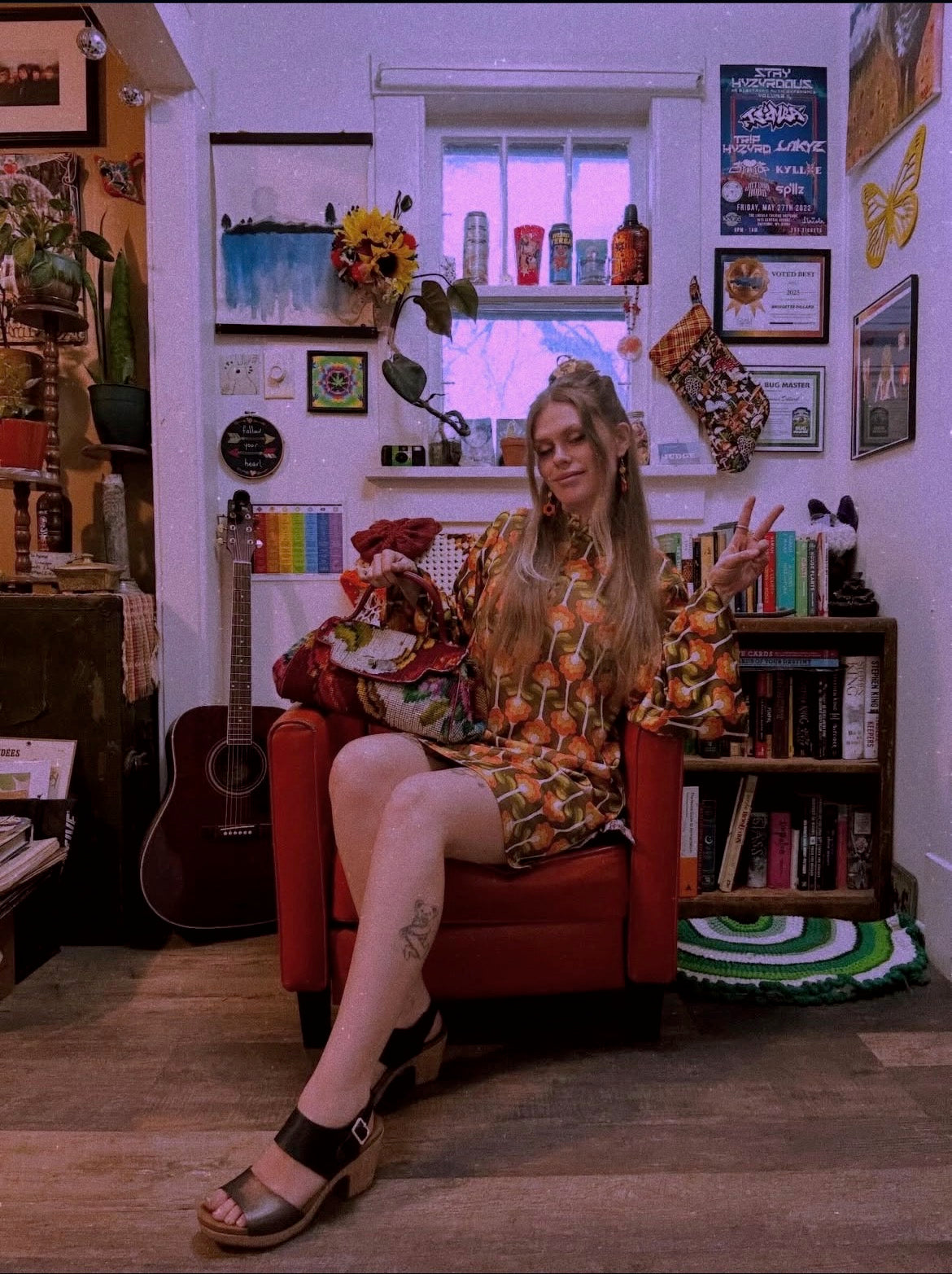 Lil Bee's Bohemian Cradle of Love Woman Retro Tulip Dress, stylish apparel with a vintage-inspired tulip design, shown on a model.