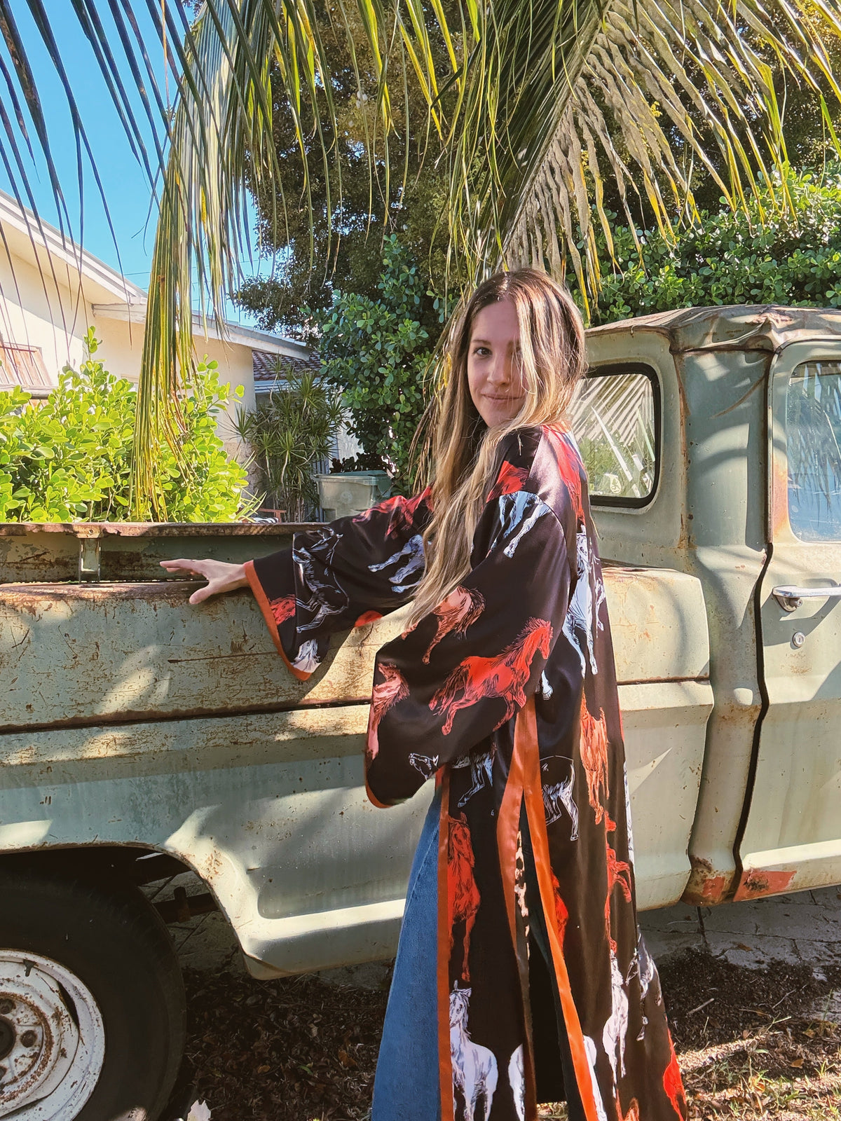 Rebel Yell reversible duster by Lil Bee's Bohemian featuring horse and leopard print in a stylish, lightweight apparel design.
