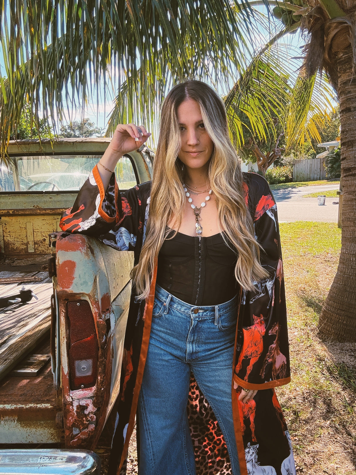 Rebel Yell horse and leopard print reversible duster by Lil Bee's Bohemian, showcasing bold animal print and stylish design.