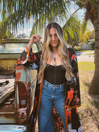 Rebel Yell horse and leopard print reversible duster by Lil Bee's Bohemian, showcasing bold animal print and stylish design.