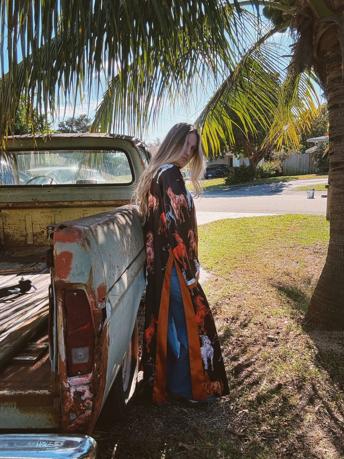 Rebel Yell reversible duster featuring horse and leopard print by Lil Bee's Bohemian, shown in a stylish open view.