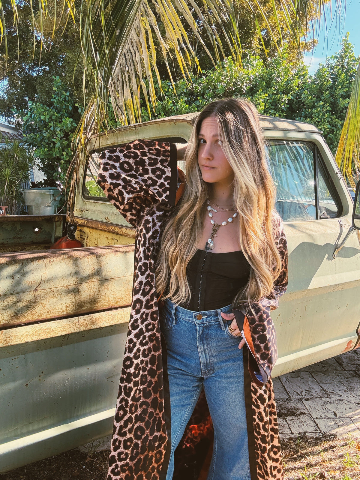 Rebel Yell reversible duster jacket by Lil Bee's Bohemian featuring horse and leopard print in brown and black tones.