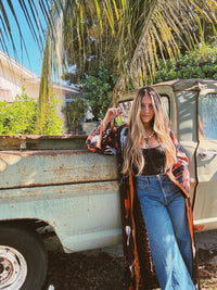 Rebel Yell horse and leopard print reversible duster jacket by Lil Bee's Bohemian, showing both patterns and lightweight fabric.