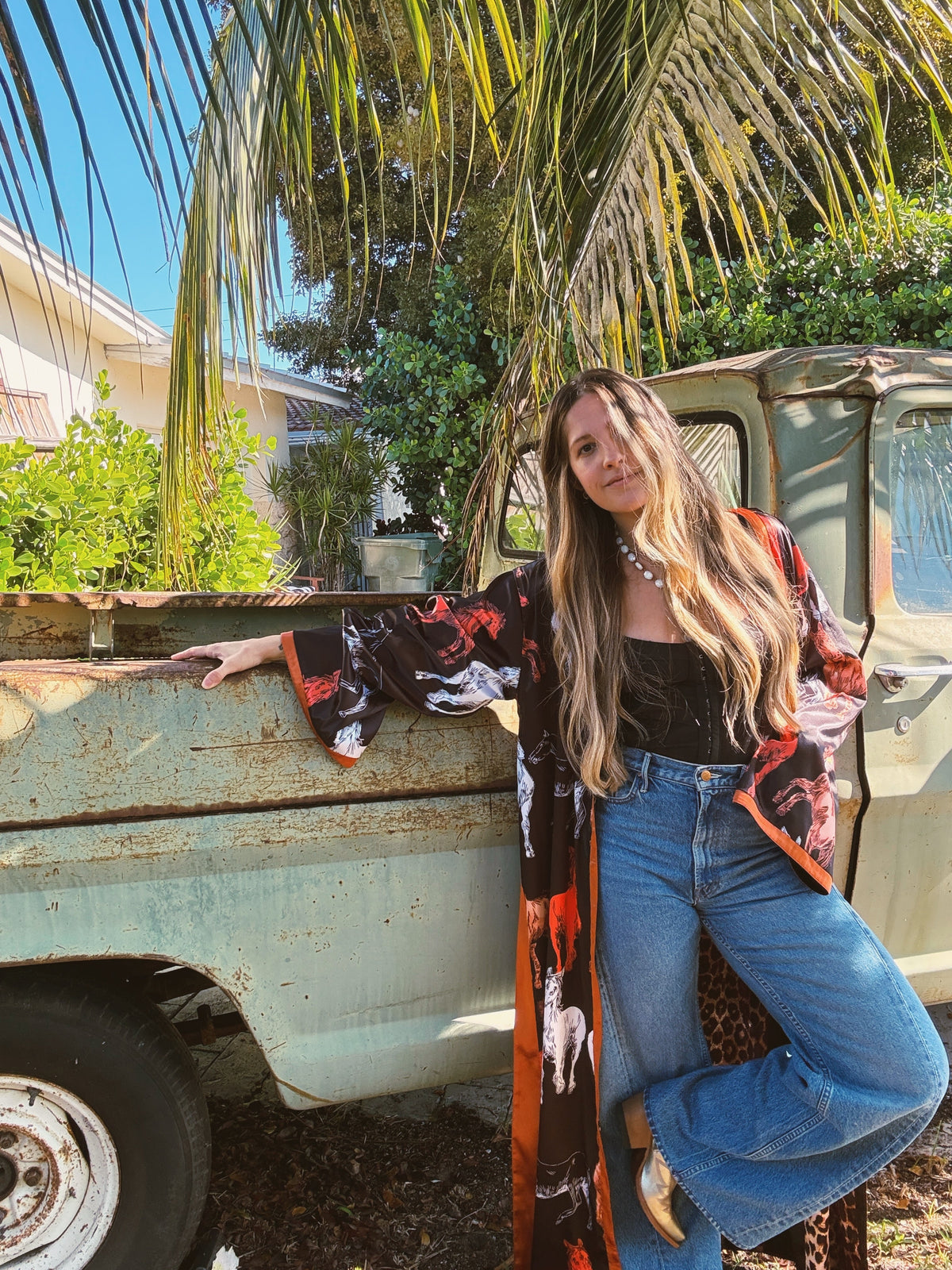 Rebel Yell reversible duster by Lil Bee's Bohemian with horse and leopard print, lightweight outdoor apparel for women.