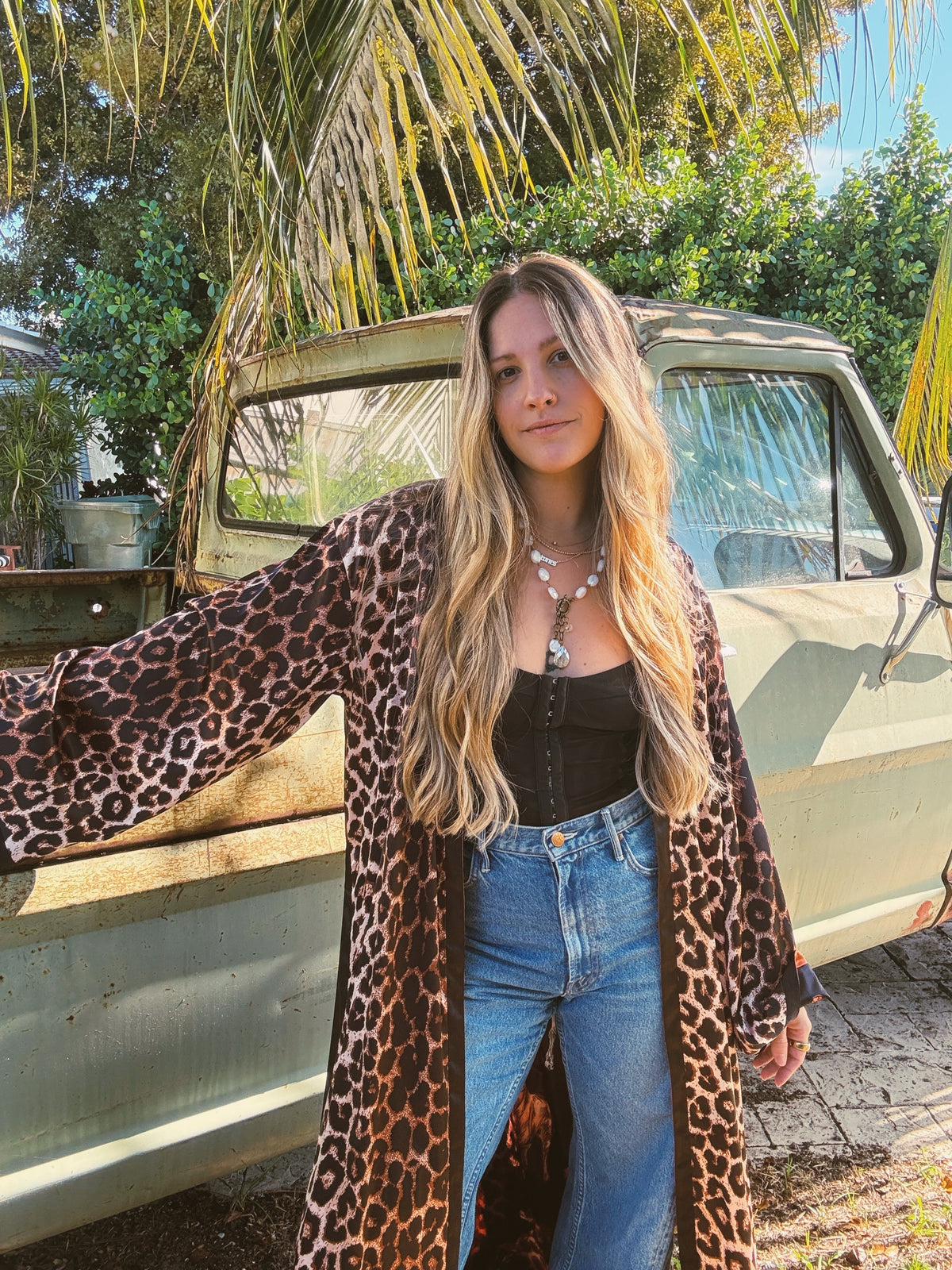 Rebel Yell horse and leopard print reversible duster jacket by Lil Bee's Bohemian, featuring bold animal print and stylish design.