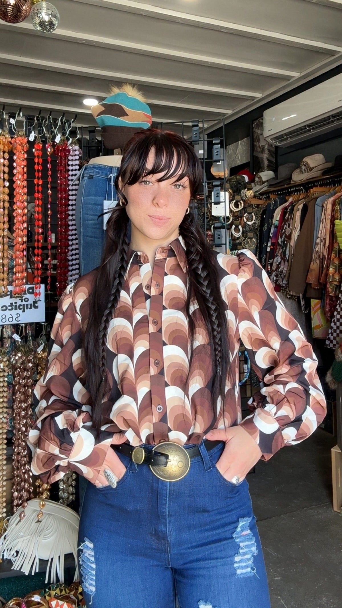Lil Bee's Bohemian Love Calling retro heart button-up blouse in soft fabric, featuring a charming heart pattern and classic collar.